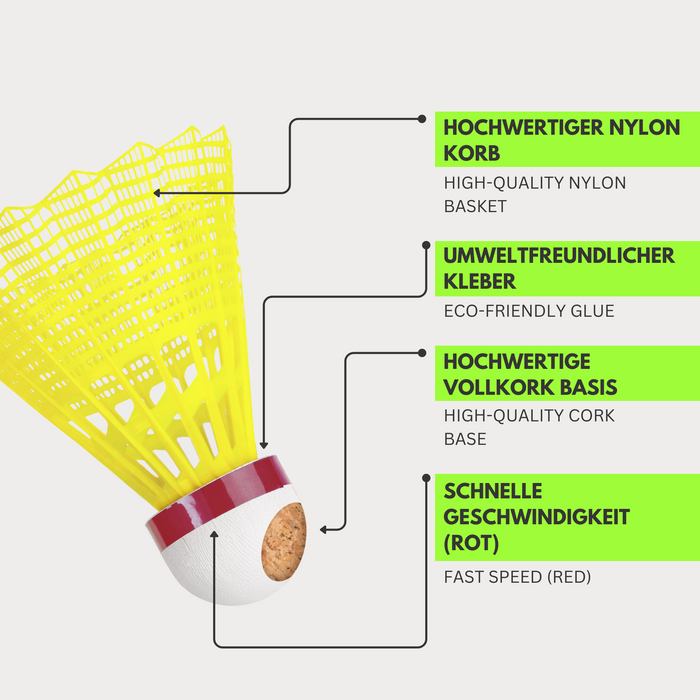 XB3000 Badminton Nylon Federbälle Vollkork - Rot (schnell) in Gelb
