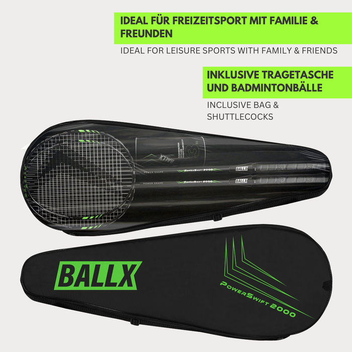 BallX PowerSwift 2000 Badmintonschläger 2er Set inkl. Nylonbälle und Tragetasche